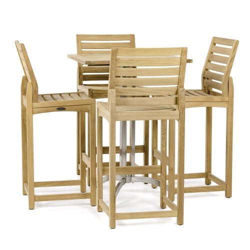 70636 Somerset Vogue 5 piece Bar Set of 4 teak side barstools and a 30 inch square teak and stainless steel bar table side view on white background