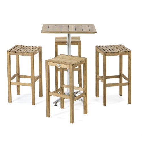 70664 Somerset Backless Barstool Set of 4 teak backless stools and teak and stainless steel dining table on white background