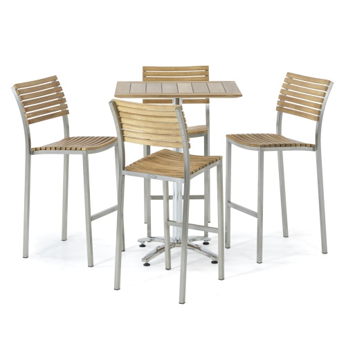 70667 Vogue 5 pc Rectangular teak and stainless steel Bar Set of 4 barstools and rectangular teak dining table on white background