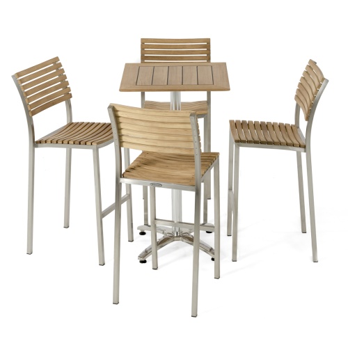 70671 Vogue teak and stainless steel 5 piece Bar Set of 4 barstools and 24 inch square bar table on white background