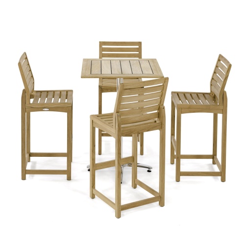70689 Somerset Barstool Set of a teak and stainless steel 30 inch square bar table and  4 teak barstools on white background