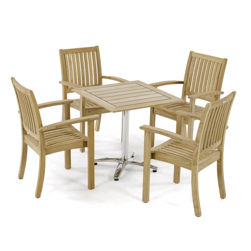 70694 Sussex 5 piece Cafe Set of 4 teak dining chairs and 30 inch square teak and stainless steel dining table on white background