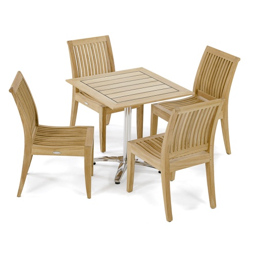 70712 Laguna 5 piece Cafe Set of 4 teak Side Chairs and teak 30 inch square dining table on white background