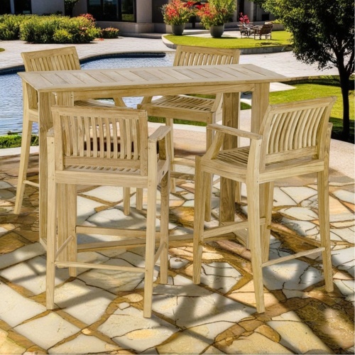 70713 Laguna Horizon Dining Set of a 60 inch rectangular table and 4 Laguna Barstools side view on outdoor patio with pool and trees in the background
