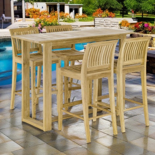 70715 Laguna Horizon Teak Bar Set of a Horizon rectangular teak Bar Table and 4 Laguna Bar Stools angled on pool deck surrounded by landscape plants next to pool with house and shrubs in background