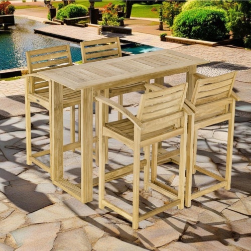 70716 Horizon Somerset Teak Bar Set of Horizon rectangular table and 4 Somerset Bar Stools angled on stone pool deck next to pool surrounded by landscape plants in background