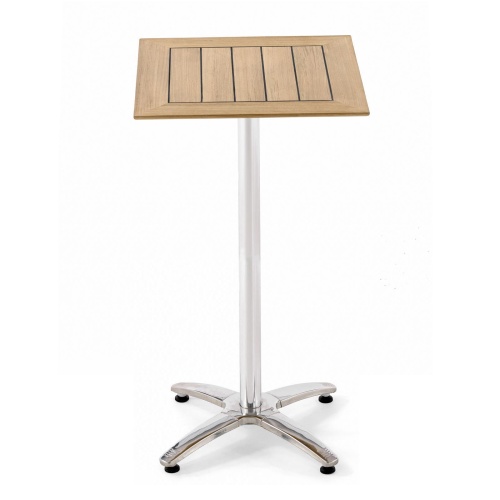 70726 Vogue 30 inch square table top and base combo set of a teak 30 inch square table top and stainless steel bar height table base on white background