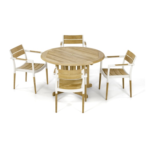 70734 Barbuda Bloom Dining Set of 4 teak and aluminum powder coated dining chairs and Teak 48 inch Round Dining Table aerial angled view on white background 