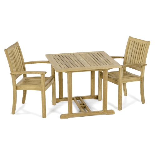 70743 Sussex 3 piece Teak Dining Set of  Teak 36 Inch Square Dining Table and 2 Teak side chairs on white background