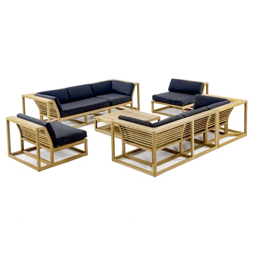 70753 maya seven piece teak twin sofa set with cushions angled view on white background