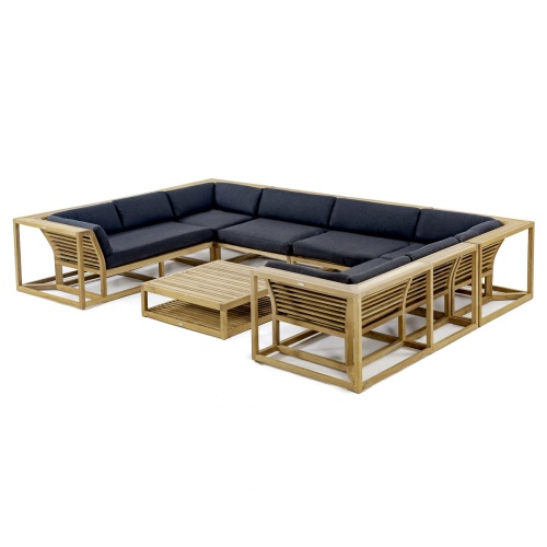 70754 maya seven piece lounge teak set with black colored cushions angled view on white background