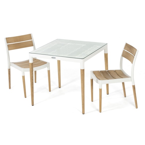 70763 Bloom 3 piece Cafe Set of 32 inch square teak powder coated aluminum bistro table with glass top and 2 teak powder coated aluminum side chairs angled view on white background
