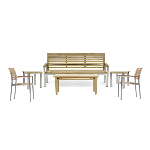 70779 Vogue teak and stainless steel 6 piece Bench Set of 5 foot long bench and 2 dining side chairs 2 side tables and rectangular coffee table on white background