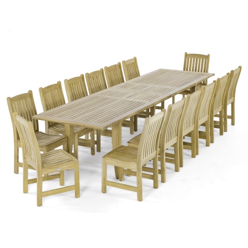 70787 Grand Laguna 15 piece Teak Dining Set of 14 Laguna Side Chairs and Rectangular 11 foot Teak Table end angled on white background
