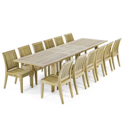 70788 Grand Laguna 13 piece Teak Dining Set of 12 Laguna Side Chairs and Rectangular 11 foot Teak Table end angled on white background