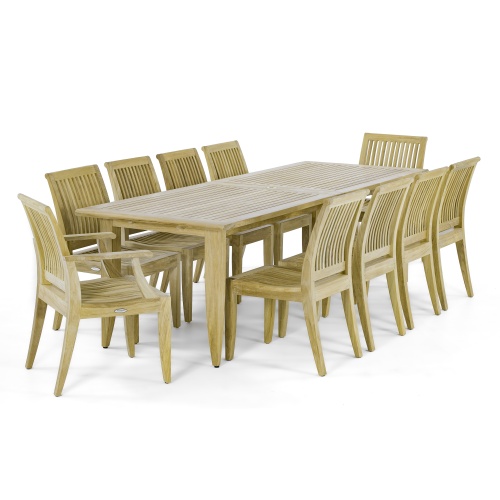 70789 Grand Laguna 11 piece Teak Dining Set of  Rectangular 11 foot Extendable Teak Table and 8 Laguna Side Chairs and 2 Laguna Armchairs end angled on white background