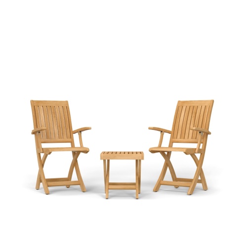 70798 Barbuda 3 pc Chat Set of 2 Barbuda Teak Armchairs and Ottoman - Side Table in front view on white background