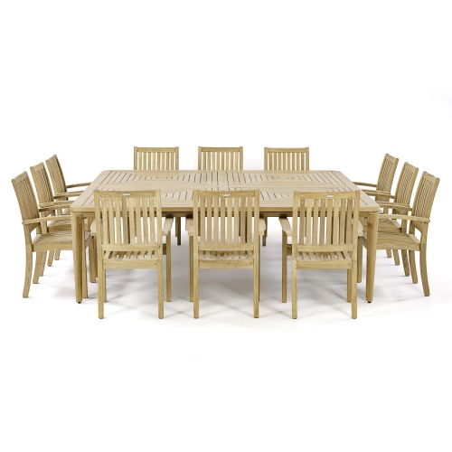 70802 Pyramid Sussex 13 piece Dining Set of 12 Sussex Dining Armchairs and an 8 foot square teak dining table side view on white background