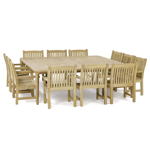 70803 Pyramid 13 piece 8 foot Square Teak Dining Set of 12 Veranda Side Chairs and 8 foot square dining table angled side view on white background