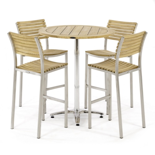 70806 Vogue 5 piece Teak and Stainless Steel 36 inch Round High Bar Set side view on white background