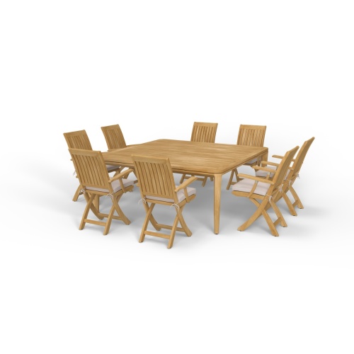 70813 Veranda Barbuda Dining Set of Veranda Square Dining Table and 8 Barbuda Folding Arm Chairs in angled top view on a white background