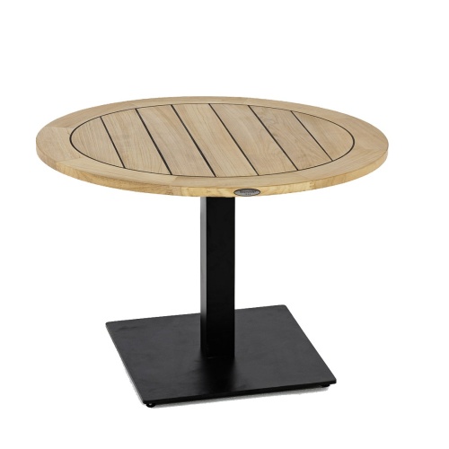 70844 Vogue 30 inch round teak Table Top with black stainless steel pedestal base on white background