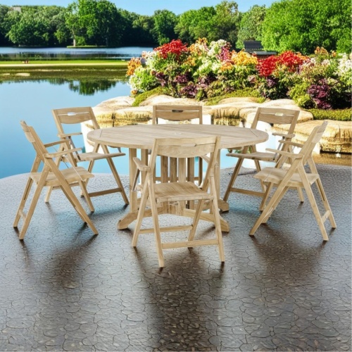 70846 Barbuda Surf 7 piece 60 inch diameter round foldable Dining Set angled on white background