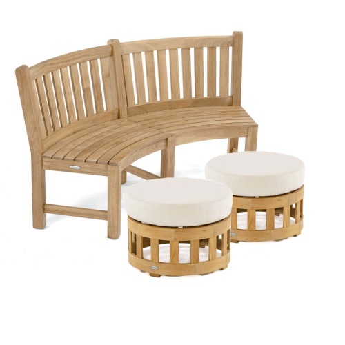 70860 Buckingham Curved Bench Set showing two 24 inch Ottomans with optional cushions and a Teak 6 foot Curved Bench on white background