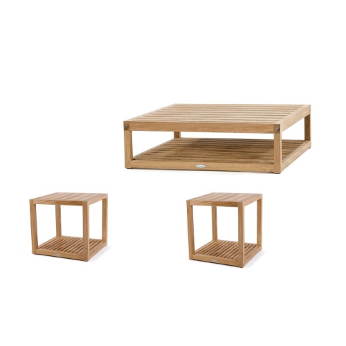 70875 maya three piece teak set showing coffee table ottoman two side tables on white background