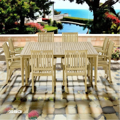 70896 Veranda Sussex Dining Set of square teak table and 8 Veranda Armchairs on patio with pool and landscape trees and plants with a lake in background