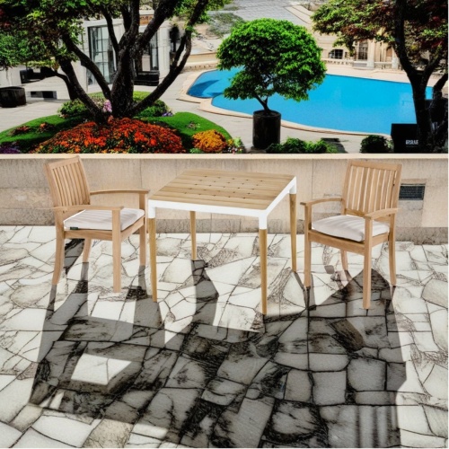 70907 Bloom Sussex Dining Set of Bloom teak and powder coated aluminum 36 inch square dining table and 4 Sussex Chairs on stone pavers overlooking pool trees and shrubs with mansion in background