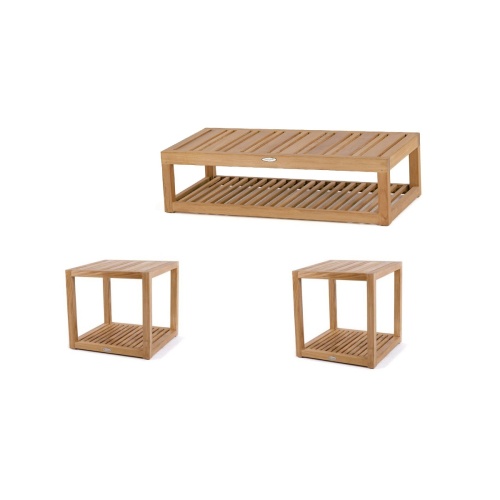 70921 maya three piece teak set showing end table ottoman two side tables on white background