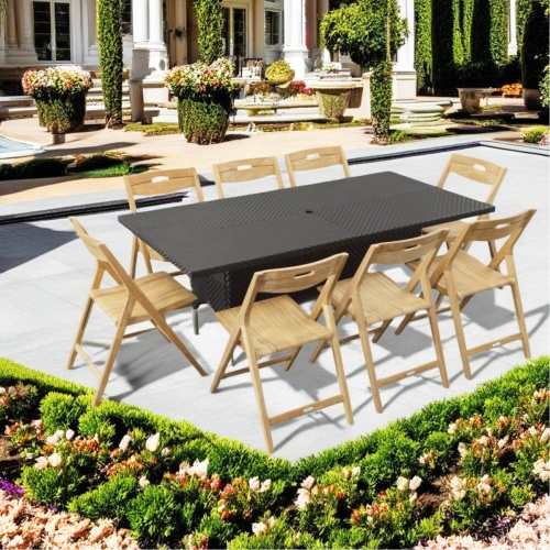 70922 Surf Valencia Dining Set for 8 of Valencia Rectangular Dining Table and 8 Surf side chairs aerial side view on concrete patio with potted trees and shrubs and house in background