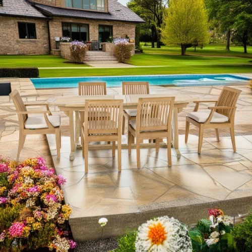 70927 Montserrat Laguna 7 pc Dining Set of a Montserrat Extension table and 6 Laguna Armchairs angled view on pool deck next to a pool with landscape plants and house in background 