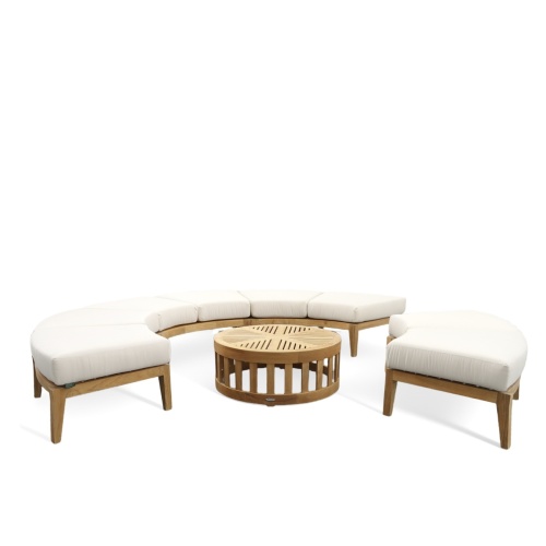 image of 70933 Kafelonia Teak 5 piece Backless Sofa Sectional Set showing 4 Backless Sofa Sectionals and a 36 inch coffee table on white background