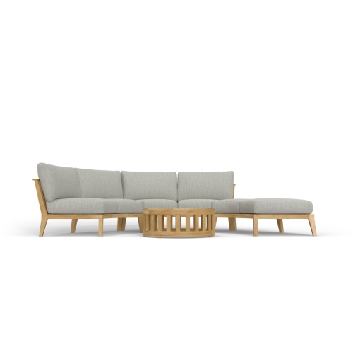 70934 Kafelonia 4 piece Curved Sofa Sectional Set of 2 curved sofa sectionals and a curved backless sofa sectional and 36 inch teak coffee table in front view on white background