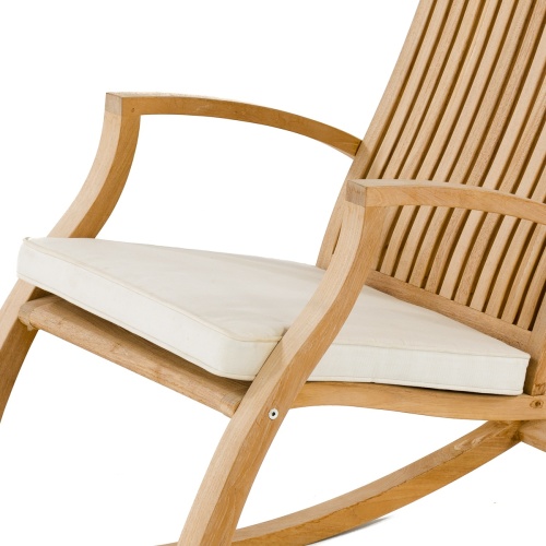 72355MTO Aria Rocking Chair Seat Cushion closeup view on Aria teak rocking chair side angled on white background