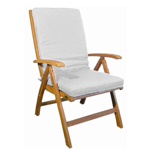 72569SBCV Recliner Chair Cushion on Recliner teak chair side angled view on white background