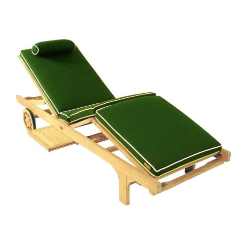 76750 Green Glen Tuff Chaise Cushion front angled view on teak chaise loungers partially reclined on white background 