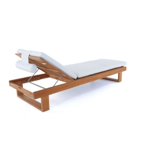 76909LM Horizon teak High Chaise Bench Cushion in Liso Marfil on Horizon Lounger with back partially reclined in rear angled view on white background