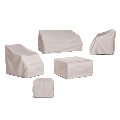 80421 Kafelonia 9 piece Firepit Seating Set Covers for 70421 Kafelonia Teak 9 piece Firepit Seating Set of 5 Kafelonia Lounge Chairs and 4 Kafelonia Side Tables on white background 