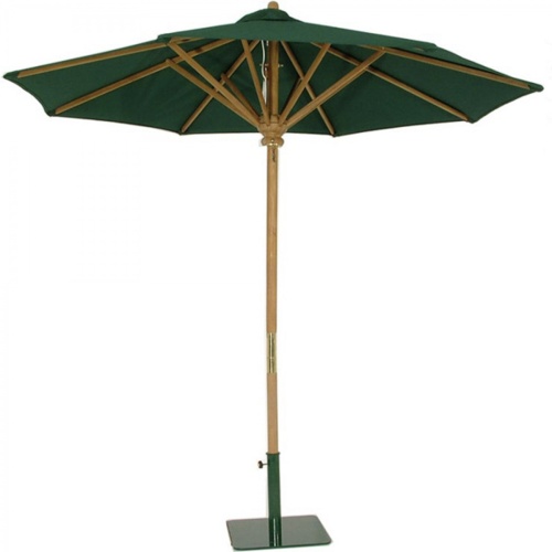 17540 somerset eight foot round teak umbrella fully extended with forest green canopy in our heavy duty steel parasol base on white background