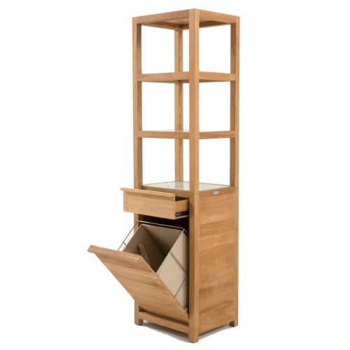 18815f Pacifica teak Linen Tower angled view with linen drawer open on white background