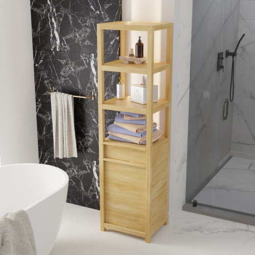 18815F Pacifica Linen Tower with Shelves and a Tilt Out Bin in front view on bathroom tiled floor behind a soaking tub against a wall next to a shower in background