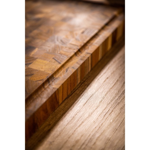 19123 Butcher Block Rectangle Charcuterie Cutting Board showing closeup side angled view on a counter top
