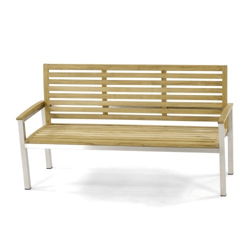 23200 Vogue 5 foot Teak and Stainless Steel Bench aerial angled front view on white background