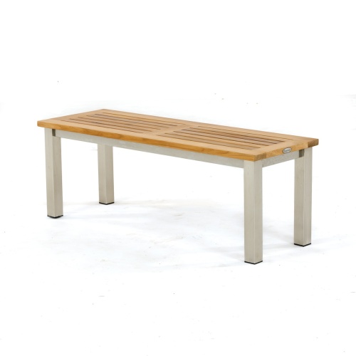  23940 Vogue teak and stainless steel 4 foot backless bench angled view on white background