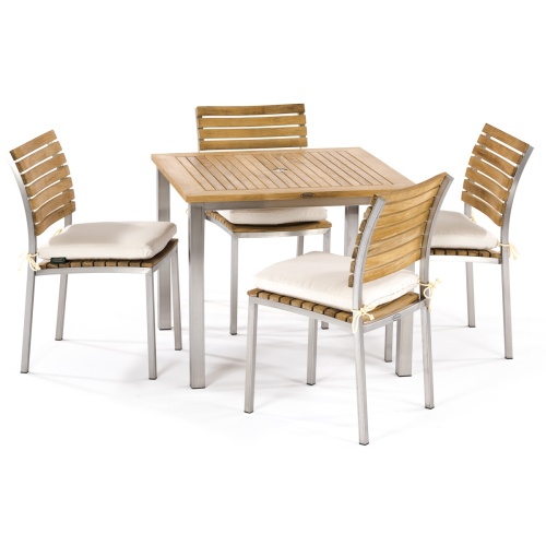 25190 Vogue teak and stainless steel Bistro 36 inch Square Table with the 5 piece Vogue Square Dining Set showing optional seat cushions on white background