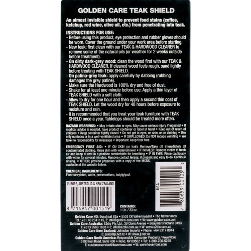 30103 Golden Care Teak Shield 1 liter bottle label instructions on back of the Golden care teak Shield bottle on white background