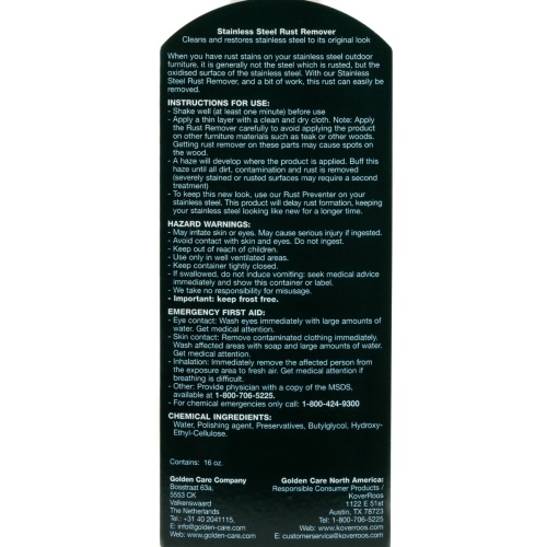 image of label instructions on back of the Golden Care Stainless Steel Care Kit